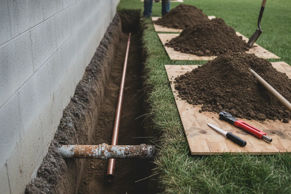 Excavated water line trench during Water Softener Installation in Hampshire